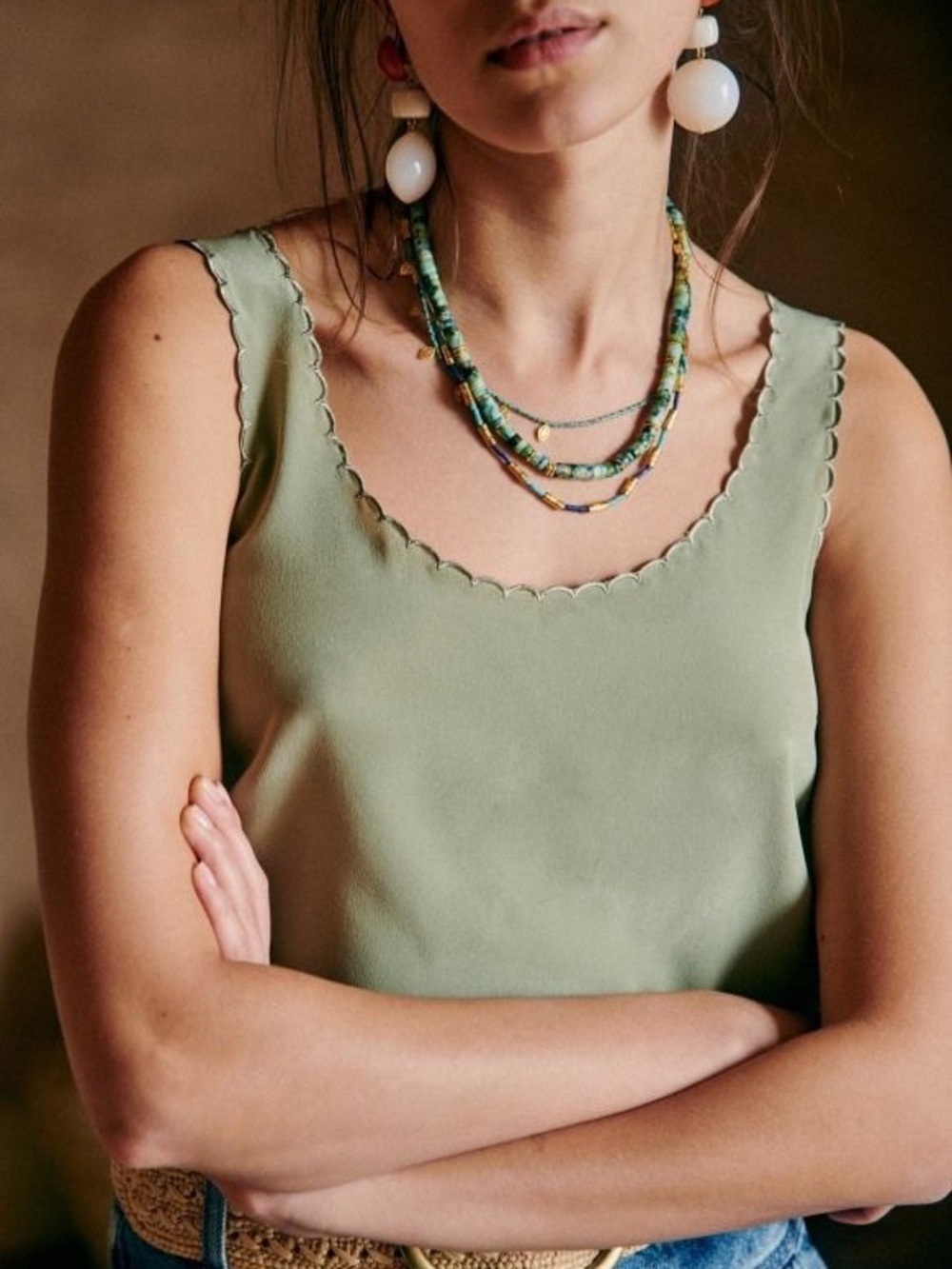 Sézane Lucie Silk Scalloped Tank Top in Kaki Clair Sage Green Size 46/ US 14